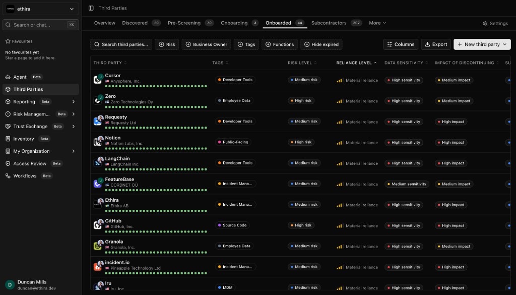 The Ethira Onboarded third parties list, showing vendors with risk level, reliance, data sensitivity, and impact-of-discontinuing columns, plus the filter bar, Columns, and Export controls.