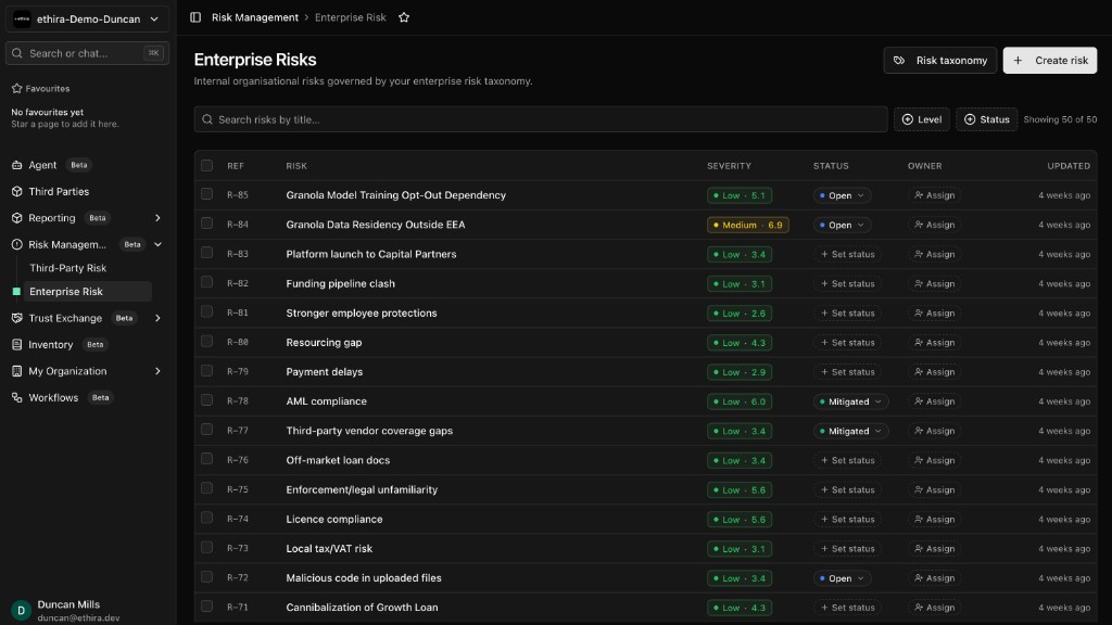 The Ethira Enterprise Risks register, listing risks with their severity, status, and owner.