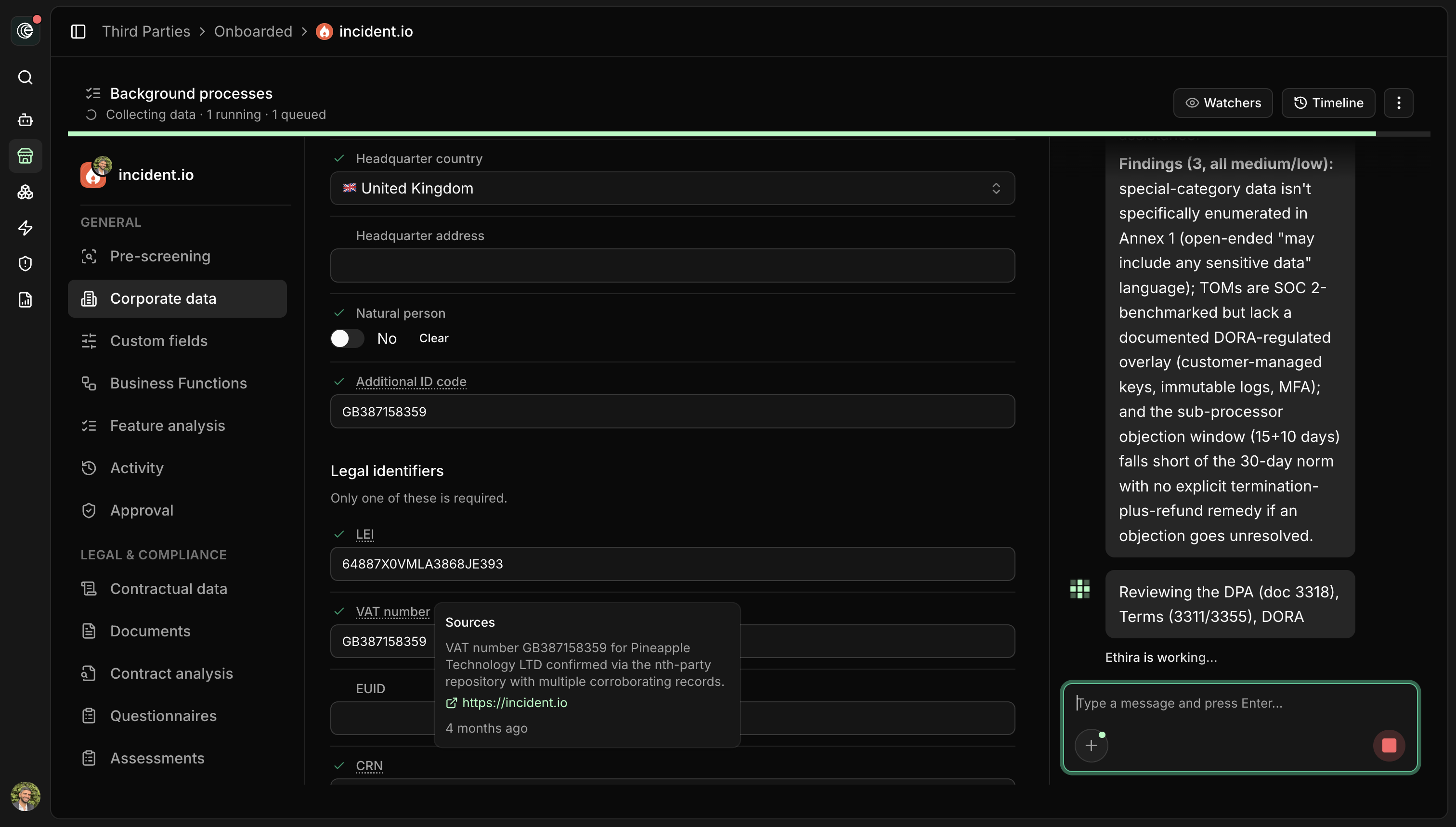 Third-party record for incident.io with corporate data and completed diligence tasks