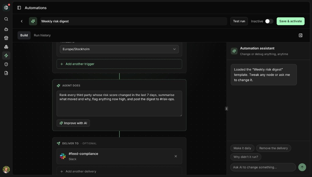 Weekly risk digest automation builder in Ethira